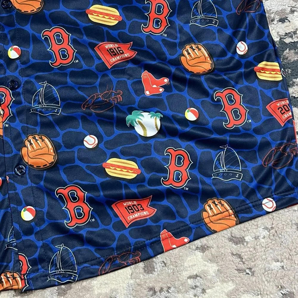 Boston Red Sox Shirt Mens XL Button Up Hawaiin Baseball Gloves Hotdogs Promo AOP - Picture 2 of 11